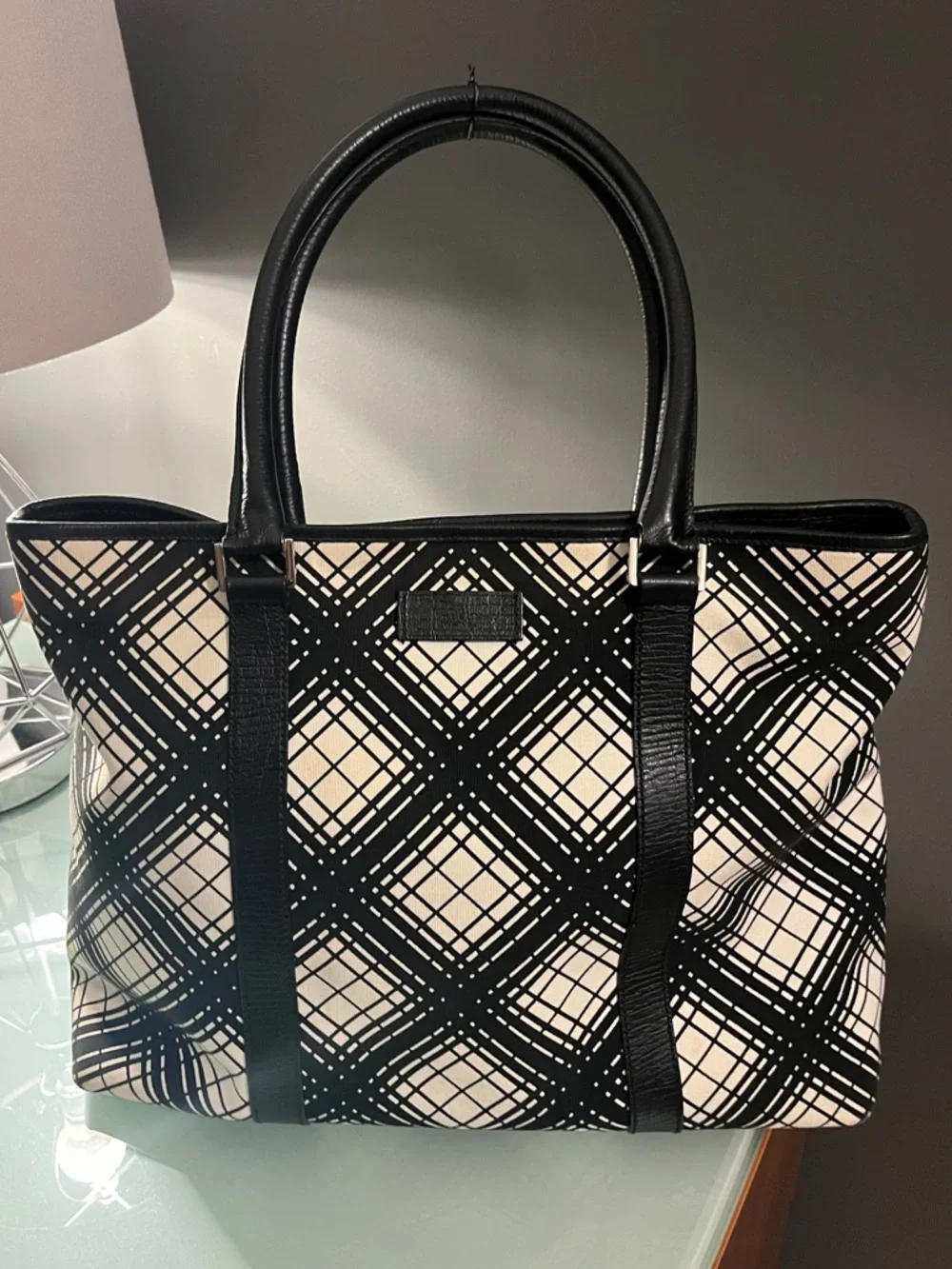 Gucci Centennial black & white canvas and leather trim tote